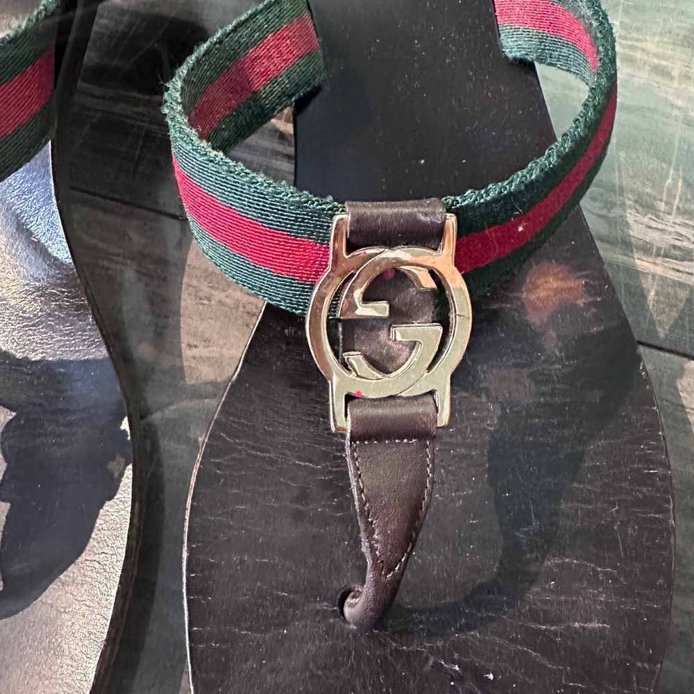 Gucci GG Logo Sandals Kitten‎ Heels THONGS Flip Flop Slides Brown Green Red 9.5 - Picture 2 of 16
